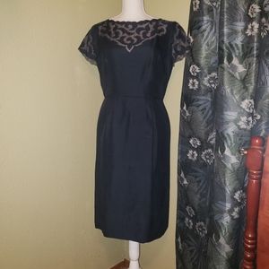 1950's Navy Wiggle Dress w/ illusion neckline